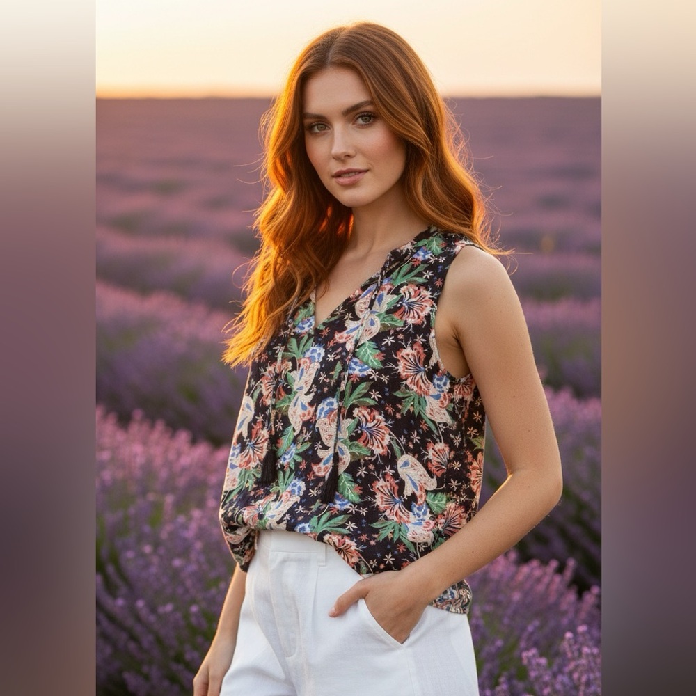 J. Crew Floral Sleeveless Blouse with Ruffled Neckline Size XS